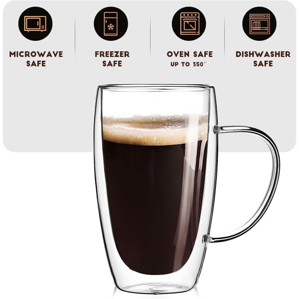 2-pack 15 oz espressokoppar med handtag, espressoshotglas, klara expresso kaffekoppar, dubbelväggisolerad