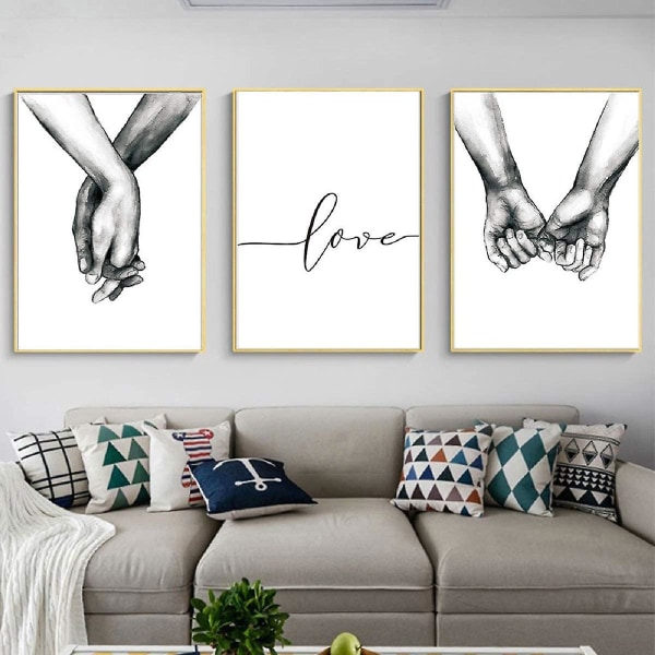 Uinnrammet 3-sett veggkunst minimalistisk maleri, kjærlighet hånd i hånd