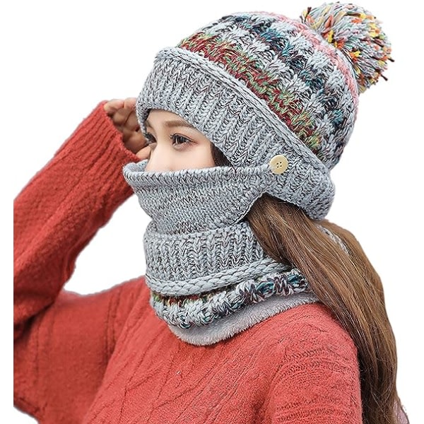 Vintermössa Scarf och Mask Set Tjock Värme Stickad Ull Fodrad Skalle Hattu Huivi Maski