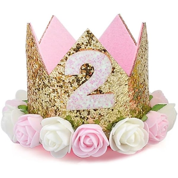 Tiara, baby / navetta 1:a födelsedag hatt glitter guld blommig stil med falsk ros, 2 år gammal