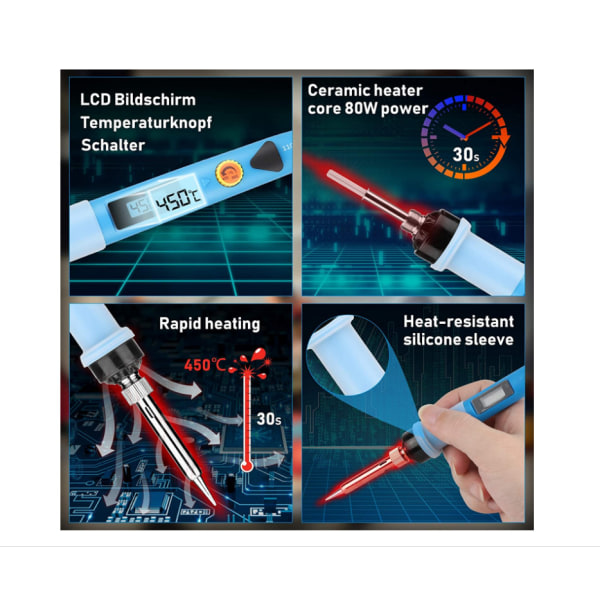 Set, 80W digital LCD-lödpistol med justerbar temperatur och på/av