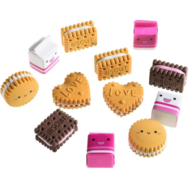 Cookiesuddgummi för barn, 12 bitar 3D-söt matpussel minikexsuddgummi, coolt roligt att isär skrivbordsdjurssuddgummi för flickor