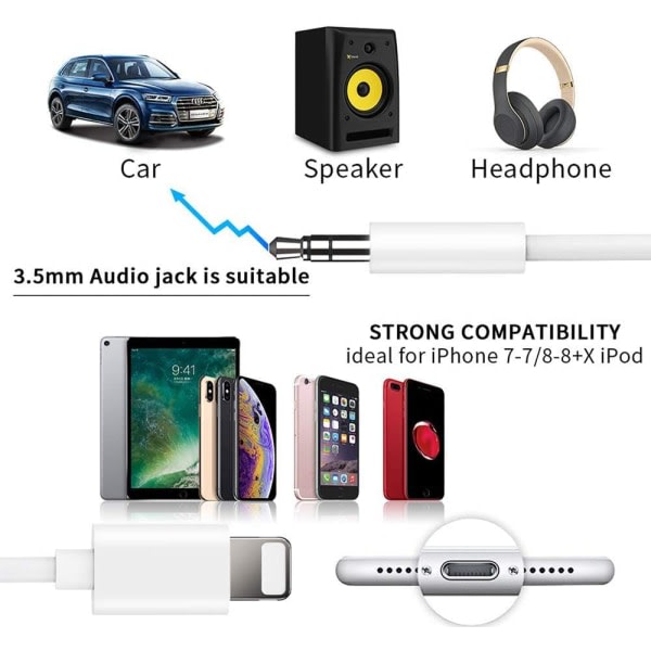 iPhone Aux -johto, L-valaistus 3,5 mm:n autoäänikaapeliin, kuulokeliitäntäsovitin autoon/kodin stereoihin/kuulokkeisiin/kaiuttimeen - valkoinen