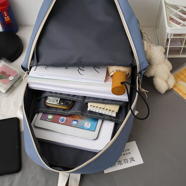 Canvas skoletaske combo sæt, Kawaii pige student skoletaske blå blue