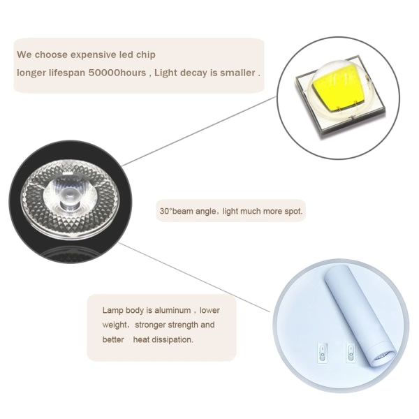 LED vegglampe, leselampe ved nattbord, LED veggleselamper, justerbar spotlight (3W + 6W 3000K varmt lys) Hvit (rund form)