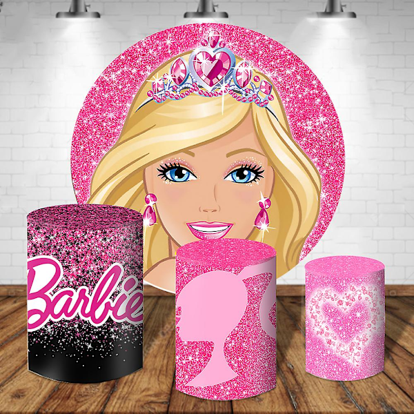 Barbie Cirkel Bakgrunder För Tjej Födelsedag Rund Bakgrund Elastisk Polyester Cirkel Bakgrund Cylinder Cover Bord Banner Party 5X5FT