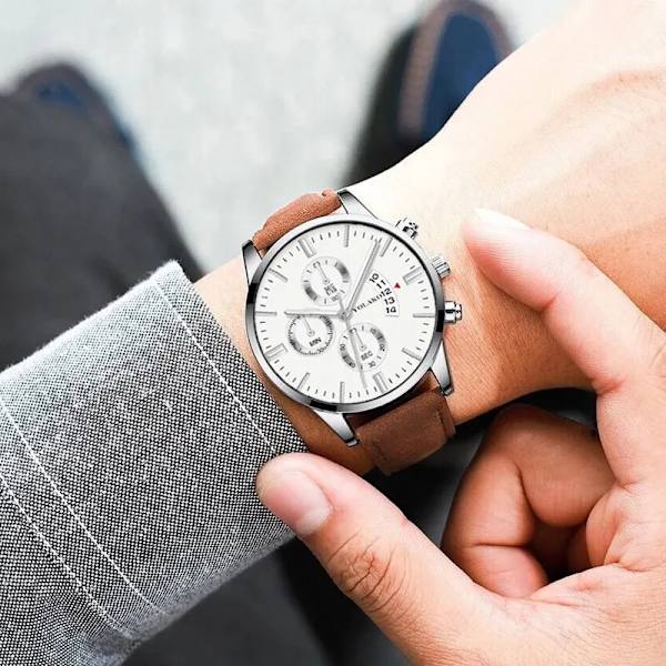 Lyxmode Miesten Sotilas Urheilukello Miehet Ruskea Kello Kvartsi Rannekello Herrasmies Business Casual Kello Mascul