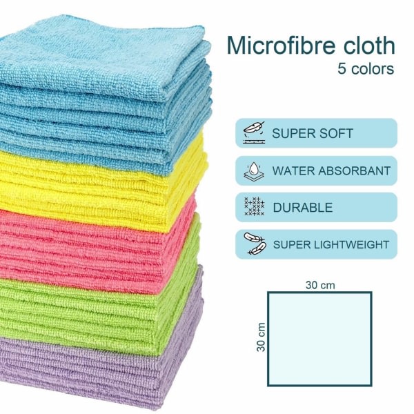 30-pack mikrofiber rengjøringskluter | for hjem, hotell, kontor | 30x30cm | Flerfarget (tilfeldig farge)