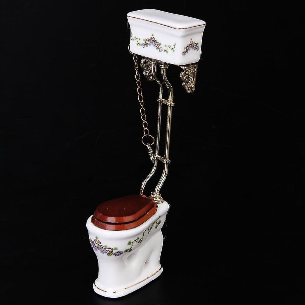 Vintage victoriansk stil Badeværelse Porcelæn Toilet Dukkehus Miniature Hvid + Guld