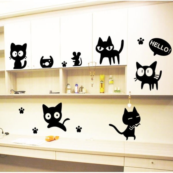 Tecknad svart katt Väggdekor Sovrumsskåp Hemdekorativa dekaler