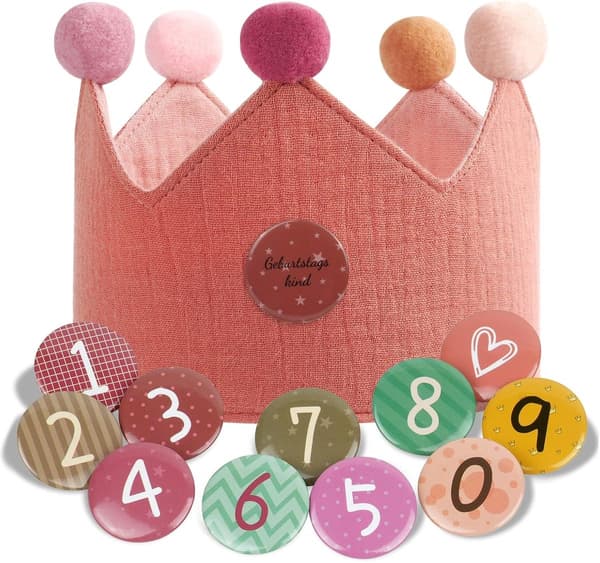 Bursdagskrone for barn Stofffestkrone Utskiftbare tall 1-9 Flagg Pink