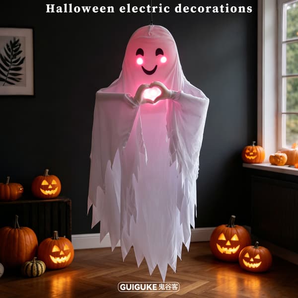 Halloween Lysende Hvid Spøgelsesophæng med Lydaktivering og Talefunktion Crying