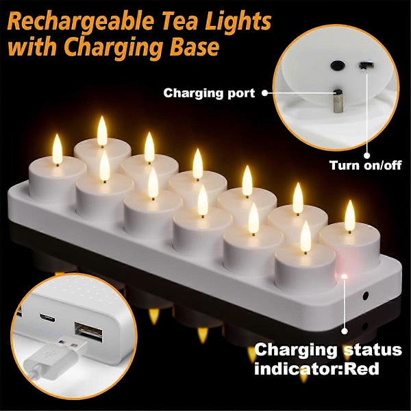 Rechargeable Tea Lights, 12 st Uppladdningsbara Ljus med Fjärrkontroll och Laddningsbas, LED Flamlösa-XF7-