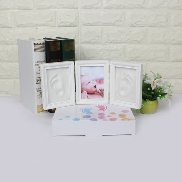 Handavtrycksram Kit för Flickor Babyshower Present, Rosa Lera och Vita Träramar-FF-