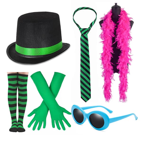 Halloween-kostym: grön hög hatt, blå solglasögon, randig handknuten slips, gröna handskar. 5-piece set - 2