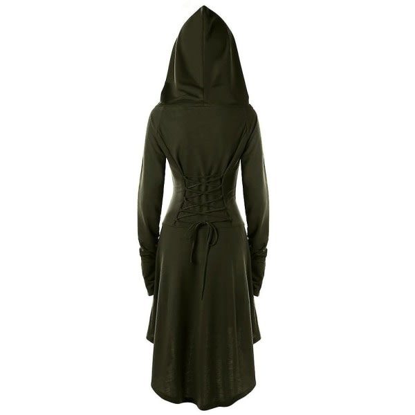 Kvinnor Gothic Hooded Robe Lace Up Vintage Goth Pullover Lång Hoodie Klänning Kappa Army Green 2XL