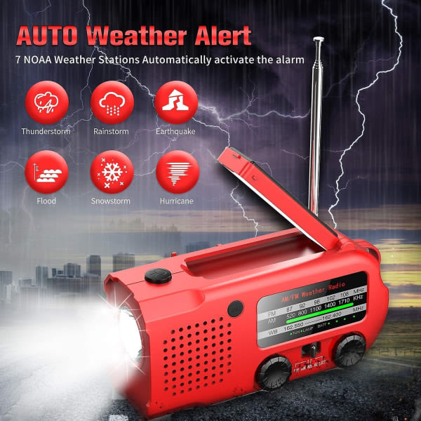 HGBD-IronSnow 5000 mAh Auto Alert Emergency Weather Radio, Solar Hand Crank Kannettava NOAA AM/FM-radio kuulokeliitännällä Power Bank USB -puhelimen laturi