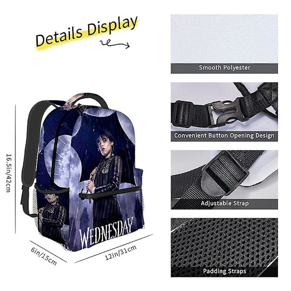 Wednesday Addams karakter full print ryggsekk dobbel skulder skolesekk for studenter 2