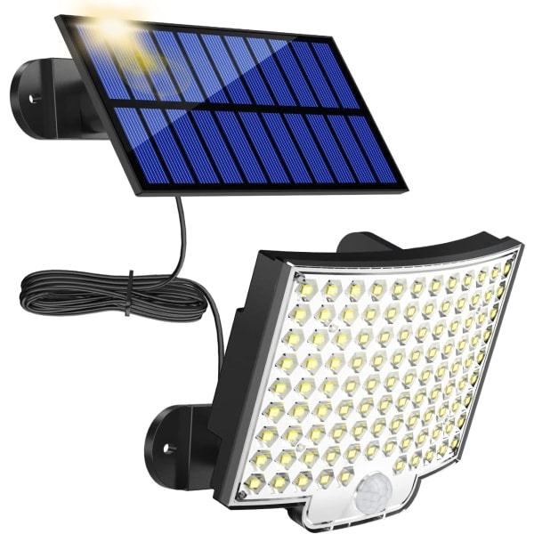 106 LED-solljus udendørs med bevægelsessensor, IP65 vandtät, 120° belysningsvinkel, Solar havesvägglampa med 5 m kabel