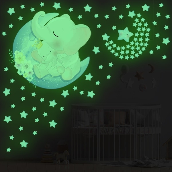 Elephant moon star självlysande väggdekal Cartoon animal chill