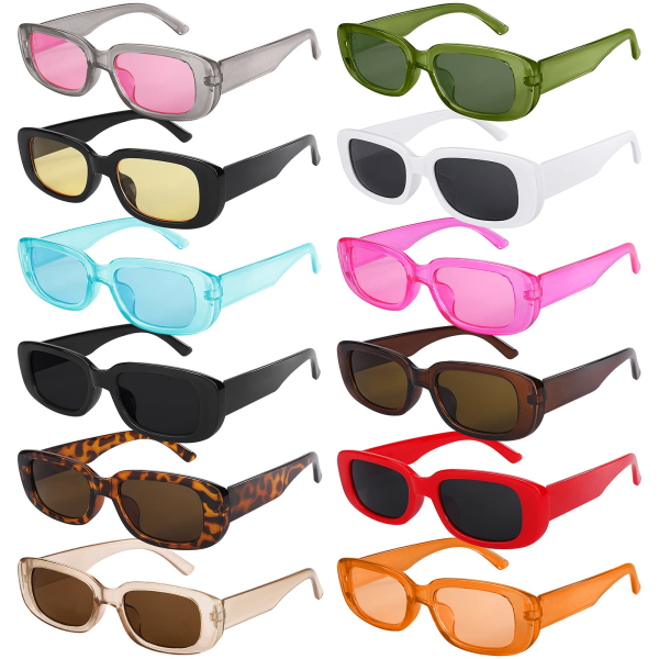 12 stk Små rektangulære solbriller Kvinder Retro Briller Vintage Firkantede Briller Solbriller med bred stel med opbevaringstaske