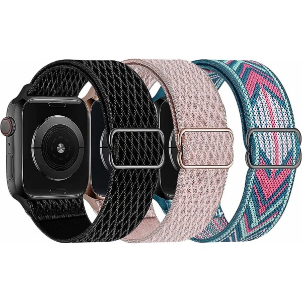 Stretchy nylon solo bånd kompatible med Apple Watch 42mm/44mm/45mm, rem til Iwatch Series 7/6/5/4/3/2/1 ur, 3 Pack X 42 Sort/Pink Pink/Grøn