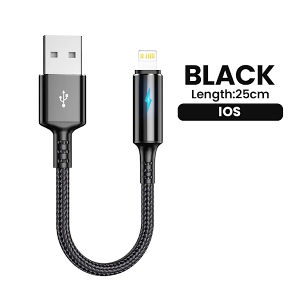 0,25m Lyhyt USB-latauskaapeli Datakaapeli Tyyppi-C Micro IOS iPhone 13 12 iPad 3A Pikalataus Puhelinkaapeli Power Bank Datakaapeli IOS Musta iOS black iOS black 0.25m