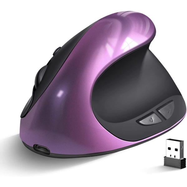 Ergonomisk trådløs mus, opladningsbar vertikal mus Højer lille mus Justerbar 800/1200/1600 DPI til bærbar computer, lilla