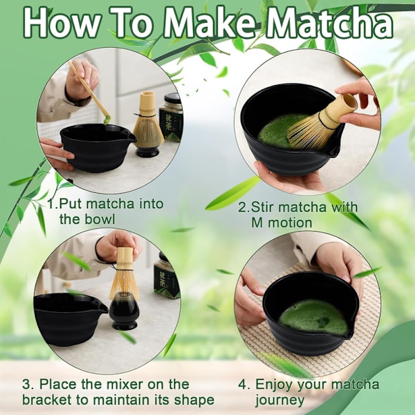 Keramisk tesæt, inklusive matchaskål, matcha piskerisholder og matchapiskeris, 5-delt sæt sort-XF5- black