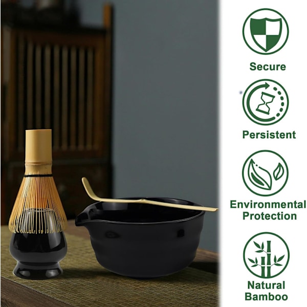 Keraaminen teesetti, sisältää matcha-kulhon, Matcha-vispilätelineen ja matcha-vispilän, 5-osainen setti musta-XF5- black
