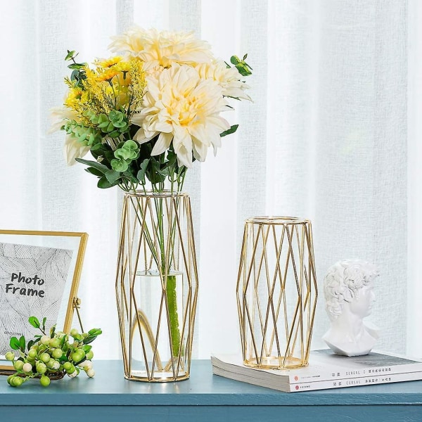 Blomstervase i 2 rums glas/sæt med geometrisk metalstøtte