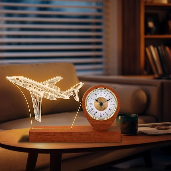 Modellfly Kvartsklokke for Gutter Menn Pilotgaver, Fly Nattlampe med Skrivebordsklokke for Flyentusiaster Romdekor, Flylampe for-XF13-