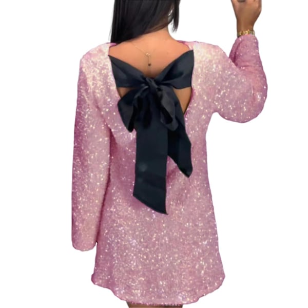 Kvindes Paljet-Bandeau-Kjole med Lange Ærmer, Natklubskjole, Festivalkjole, Glimtende Paljet-Kjole med Sløjfe, Rosa Pink XL