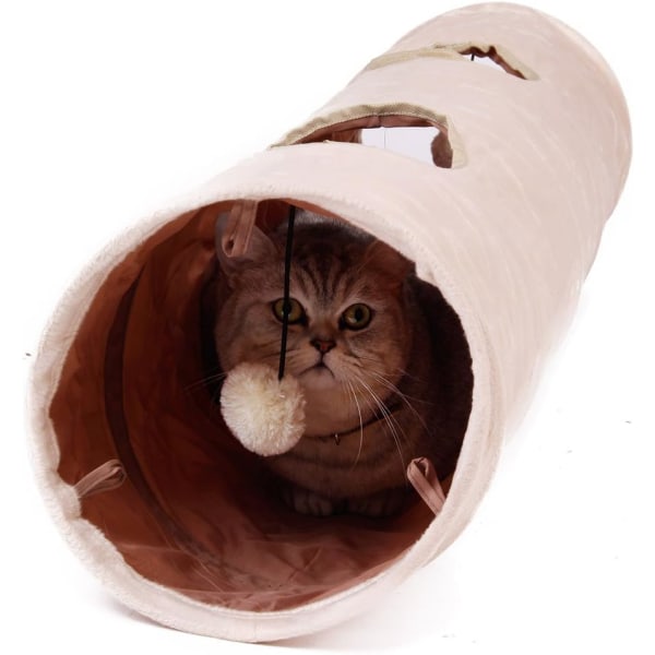 2-hulls kattetunnel Myk sammenleggbar katteleke med hengende ball Beige