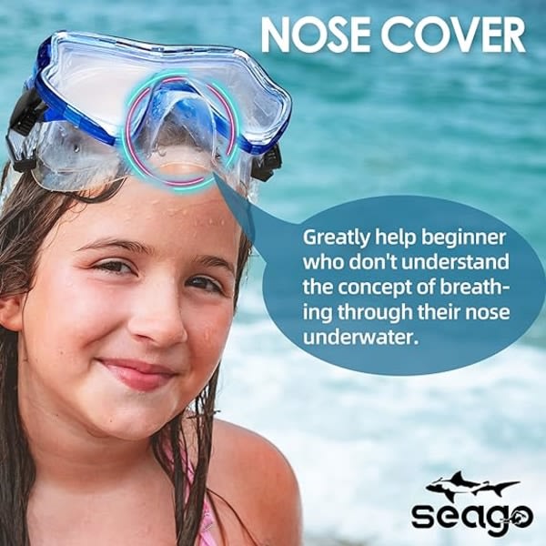 Simglasögon för barn Snorkelmask med näsmask Junior Anti-Imma Clear Vision, Blå