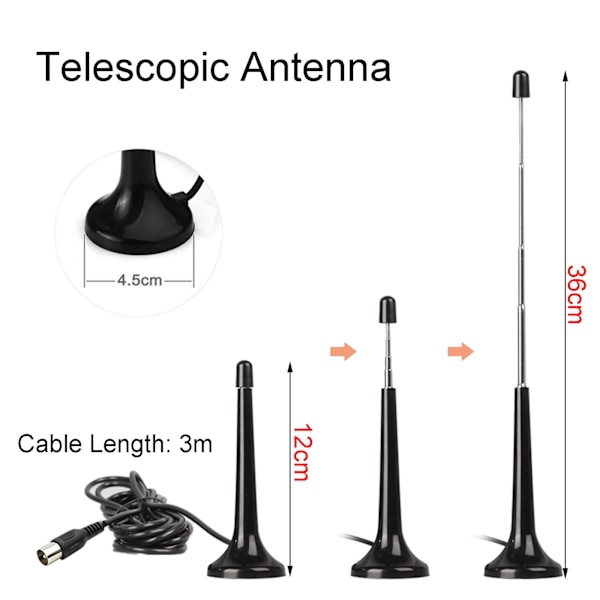 TV-antenn inomhus, DAB FM-radioantenn Teleskopisk FM-antenn, med magnetisk bas och 3 meter förlängningskabel, bärbar tv-antenn