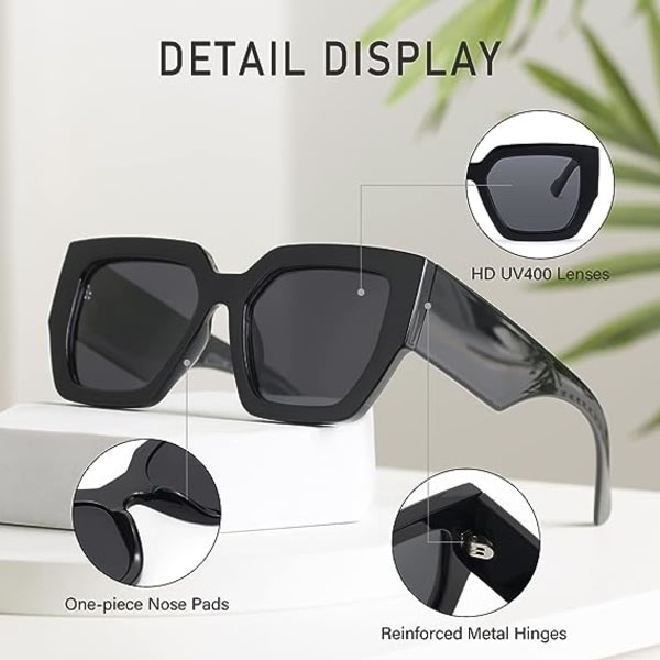 Et par fyrkantiga polariseret solglasögon damtrend klassisk retro solglasögon med stor ram UV400 beskyttelse (lyssvart ram grå bit).