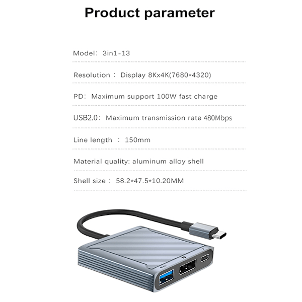 8K 60Hz DP 3 i 1 Hub Adapter USB C til Displayport