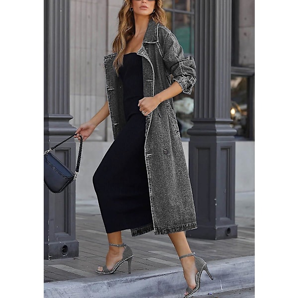 Vintage lang dongerijakke for kvinner, løs passform, dobbeltspent denimjakke, trenchcoat med belte Svart Black Medium