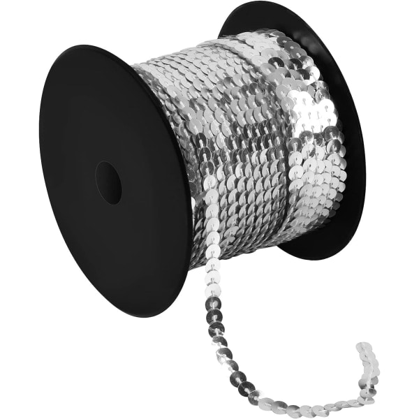 100 yards platt paljettkant, 6 mm rund paljettsnöre for gør-det-själv-sypyssel, PVC-paljettspolar band for smycketillverkning (sølv)