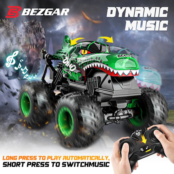 Monster Truck Leker, 2.4GHz RC Monster Trucks for Gutter, 1:20 Dinosaur RC Biler med Lys og Musikk, Fjernstyrt Stuntbil, 360° Spinn, for Barn Green