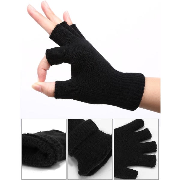2 par unisex halvfingerhandsker - Vinter stretchy strikkede fingerløse handsker