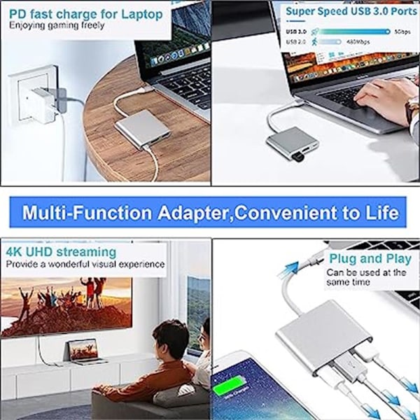 USB C til HDMI Multiport Adapter med 4K Video Converter/ USB 3.0 Hub Port/PD Hurtigopladningsport til Mac og USB Type-C-enheder