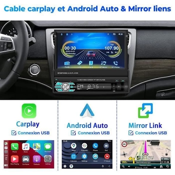 Carplay Bluetooth Autoradio 1 Din GPS 7' Sisäänvedettävä Kosketusnäyttö FM-radio Handsfree AUX-USB-TF Peililinkki+Kaukosäädin+Kamera