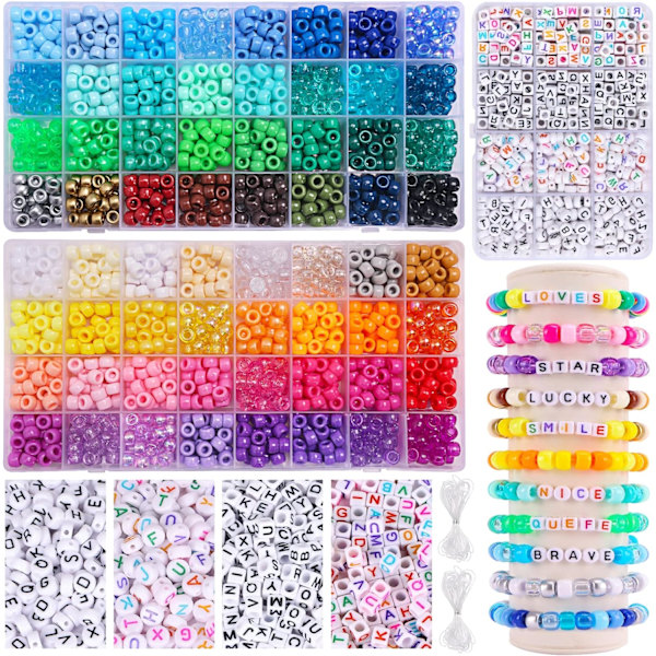 2350 stk., 64 farver, ponnyperler til armbånd og halskæder, regnbuehåndværksperler og elastiske snore, bogstavperler til piger 64 colors