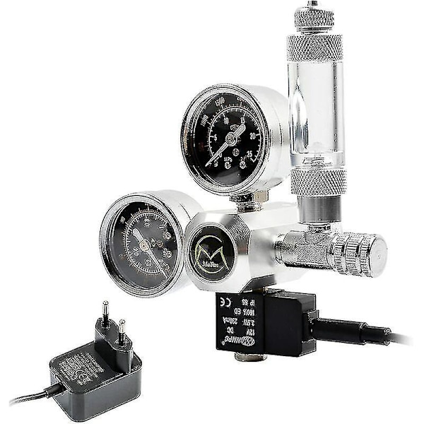 Akvarium CO2-regulator med 12V-adapter, trykkreduser for akvarium, dobbel trykkmåler inkludert boblerteller og tilbakeslagsventil, W21.8-grensesnitt