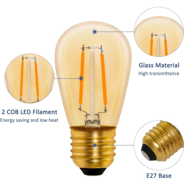 S14 Vintage LED-glødetrådspære E27, 1W Amber Edison-erstatningspære 10W, ikke dimbar, varmhvit 2200K, AC 220V, 6-pack