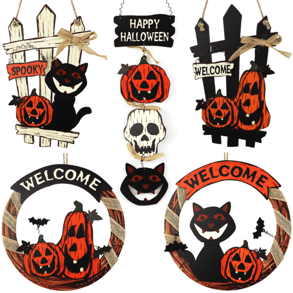 Halloween dekorasjon husnummer, spøkelsesfestival velkomstkort, Halloween tregresskar svart katt kirkegård slott spøkelse dress up tilbehør (C) C