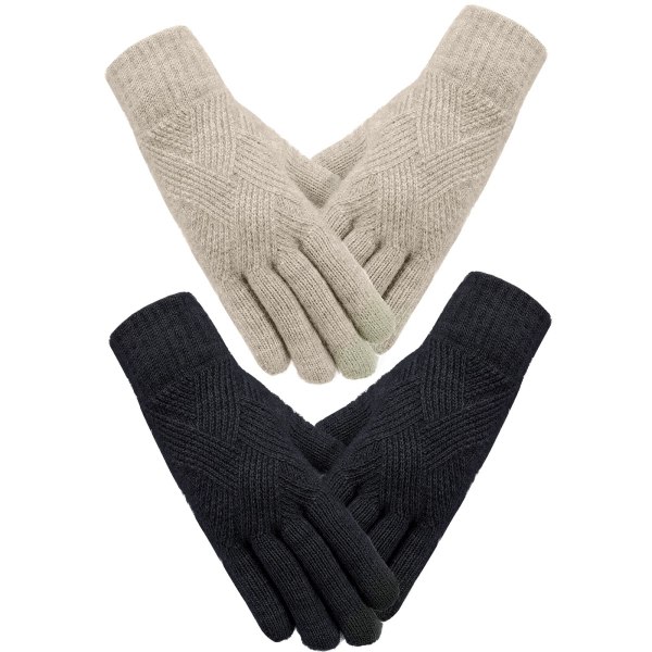 2 Par Vinterhandsker til kvinder Strikket Touch Screen Finger To-lags Elastiske Handsker