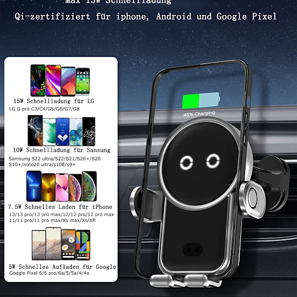 Trådlös billaddare, 15 W, snabbladdning, Kharly bilmobiltelefonhållare, smart sensor, automatisk klämning, astronaut mobiltelefonhållare,